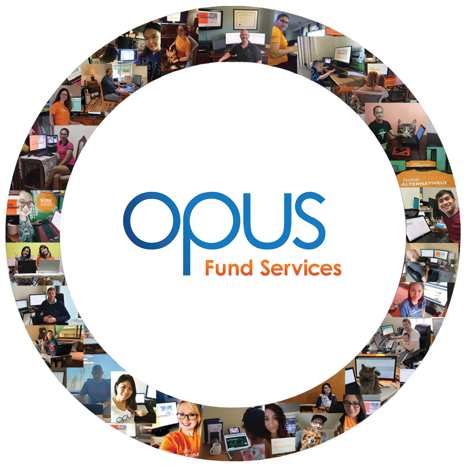 Opus logo surrounded by a circular collage of photos of Opus employees working from home.