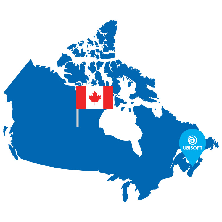 Ubisoft location marker in Nova Scotia and Canadian flag icon on a blue map of Canada