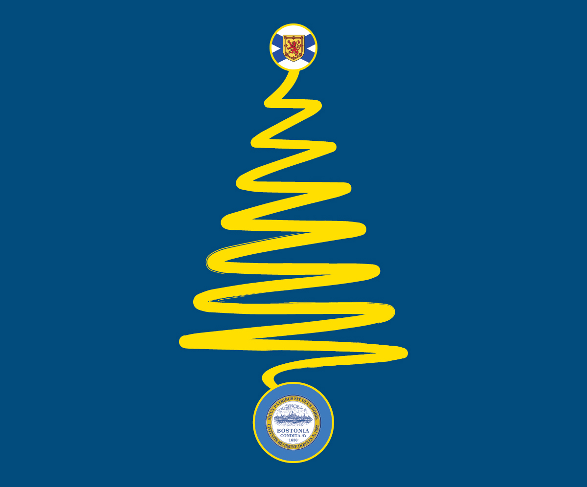 Illustrated abstract Christmas tree with Nova Scotia flag at the top and Boston graphic at the base