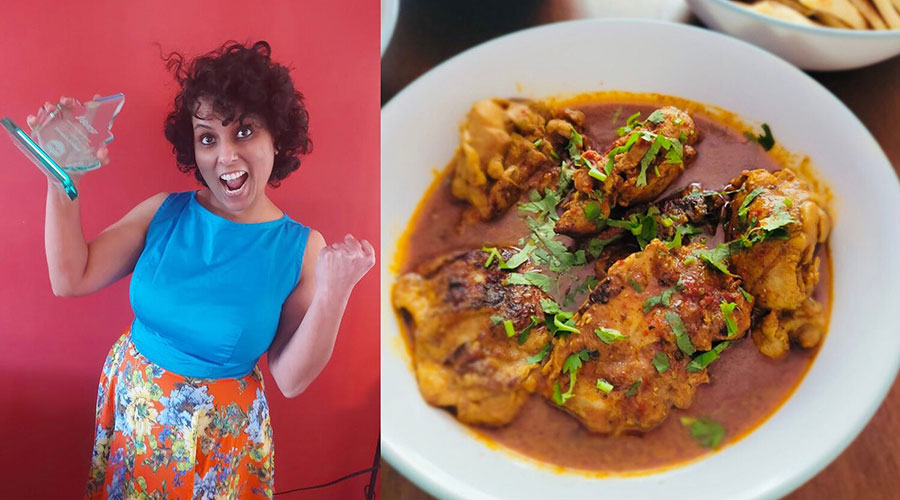 Left: Shivani Dhamija celebrating with an award. Right: A food dish from Shivani's Kitchen.