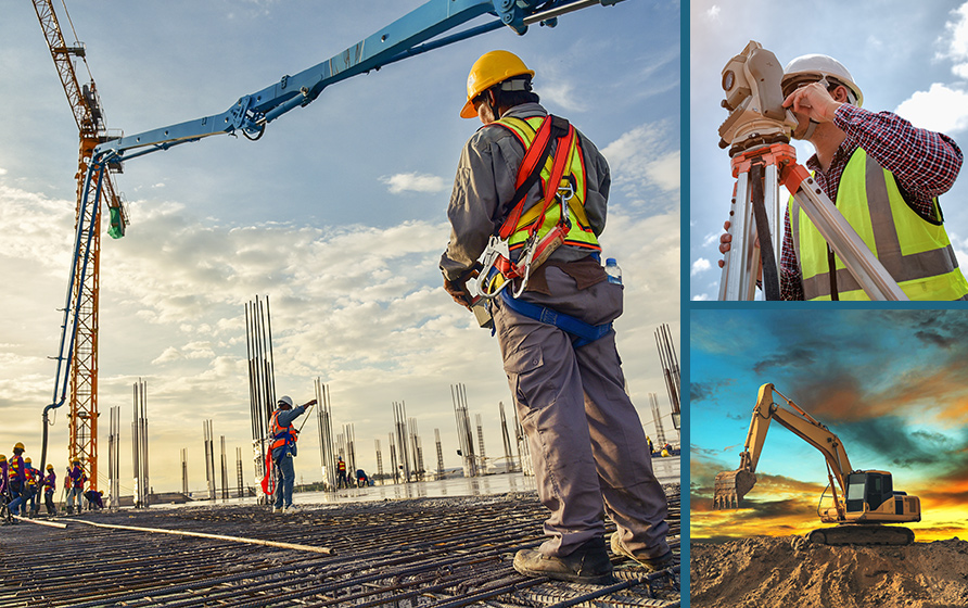Three stock photos: a construction worker at a job site, a surveyor, and an excavator.