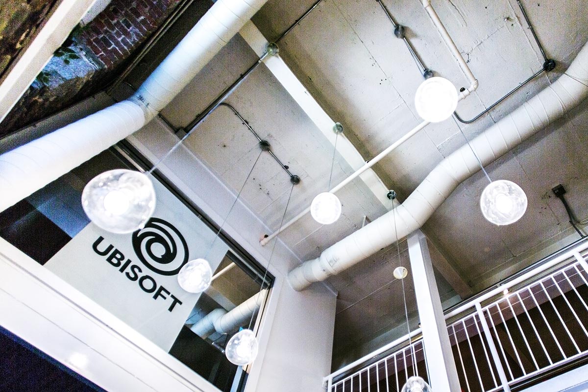 Ubisoft logo sign inside the Ubisoft game studio building