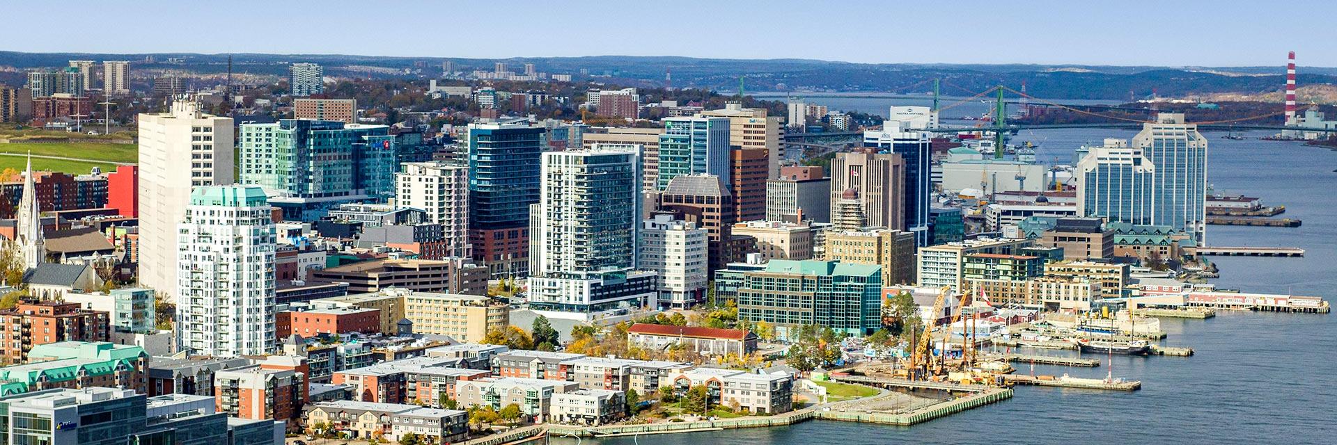An aerial photo of downtown Halifax, Nova Scotia, facing west