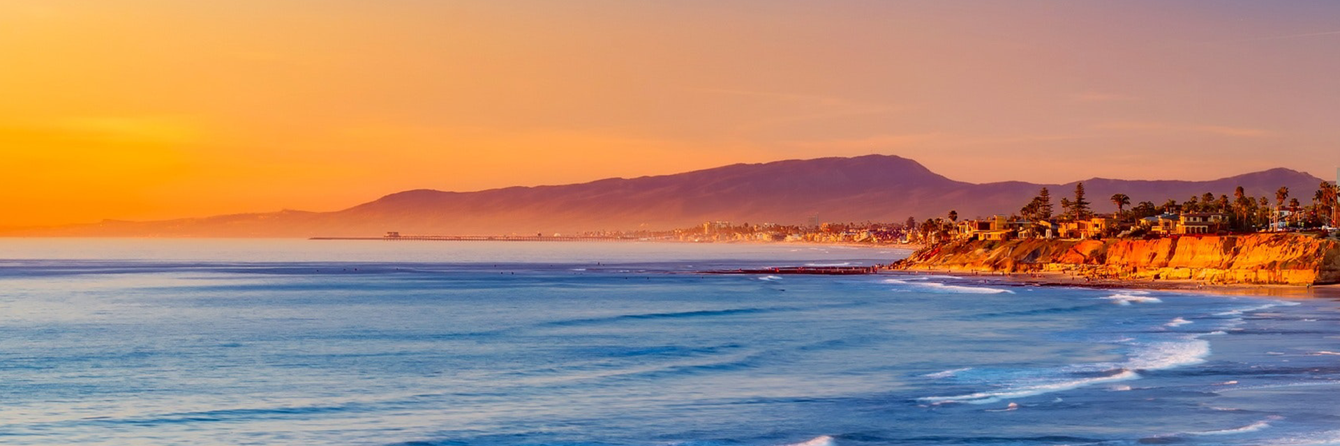 A sunset view of a beach in Southern California 