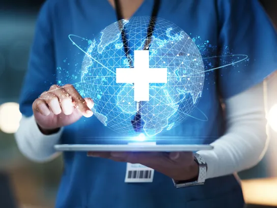 Nurse, hands or technology for 3d globe networking, healthcare community or digital help in life insurance support. Zoom, medical or futuristic world for global hospital, woman or doctor on tablet ux