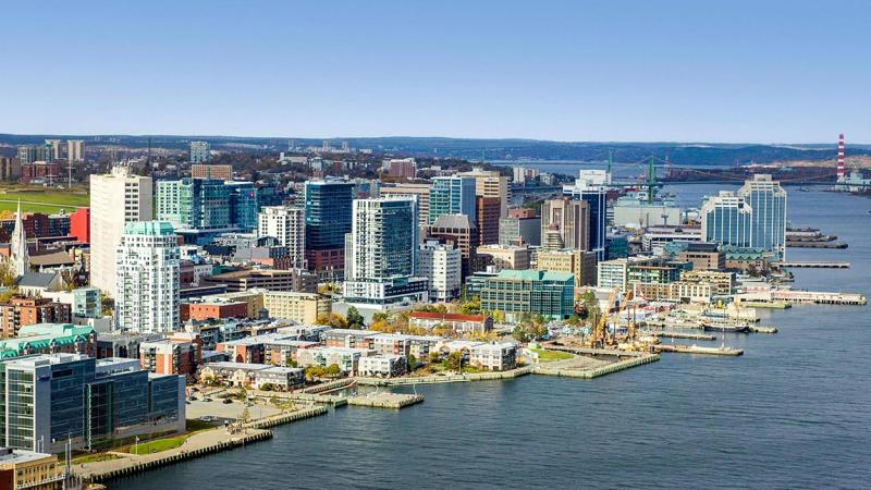 Aerial view of downtown Halifax and the Halifax harbour, facing west