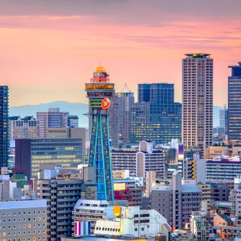 Osaka Japan skyline at dusk.