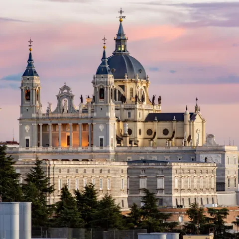 La Almudena cathedral on Armeria square at sunset, Madrid, Spain