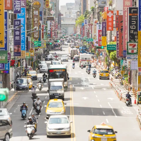 Horizontal high angle color image of the famous Yanping North road in downtown Taipei Taiwan