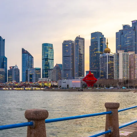 Qingdao City China May Fourth square skyline dusk