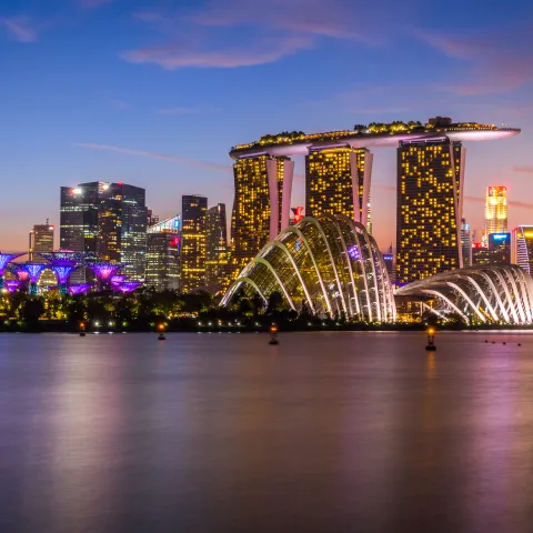 Illuminated skyline and cityscape of Singapore by the Gardens by the Bay, MBS, Marina Bay Sands and Singapore River