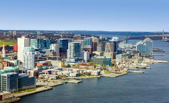 Aerial view of downtown Halifax and the Halifax harbour, facing west