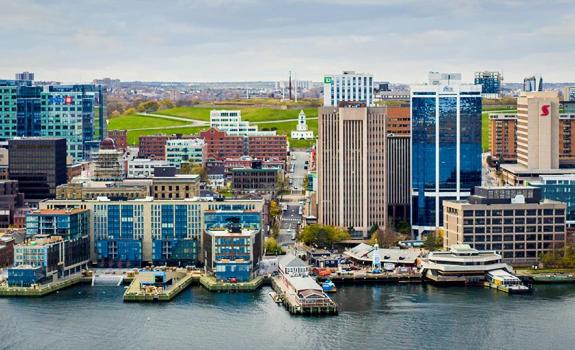 The skyline of downtown Halifax, Nova Scotia, with Citadel Hill in the background.