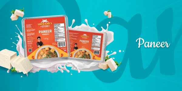 Packages of Indian paneer products with blue background
