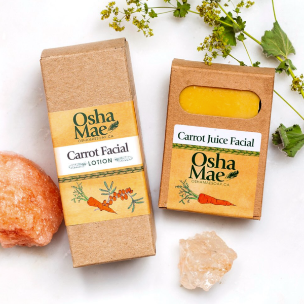 Soap and facial oil displayed with crystals and foliage