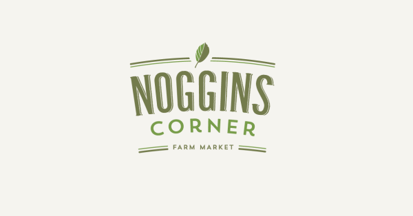 Green lettering with a leaf depicting logo for Noggins Corner Farm Market
