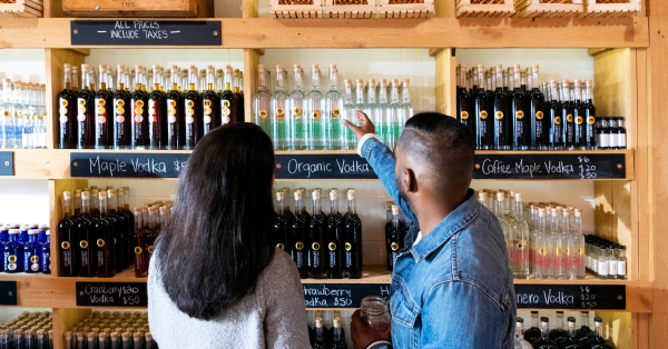 Shelves displaying Steinhart Distillery products for customers