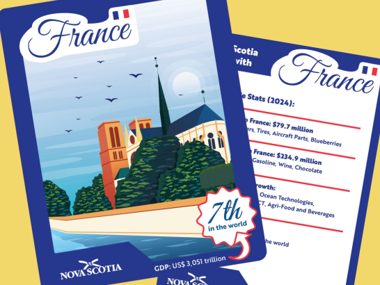Trading cards for France made by the Nova Scotia Government. Shown is an artful scenic view of a church and a list of trading facts.  