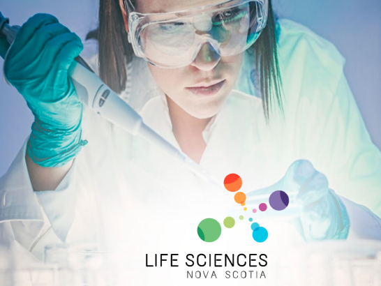 Scientist wearing mask and gloves pictured with the Life Sciences Nova Scotia logo