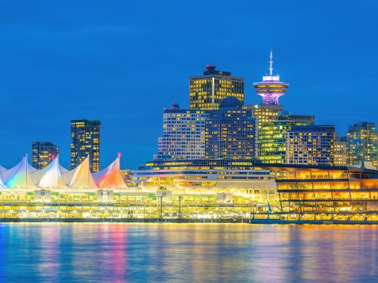 Downtown Vancouver skyline, cityscape of British Columbia in Canada at sunset