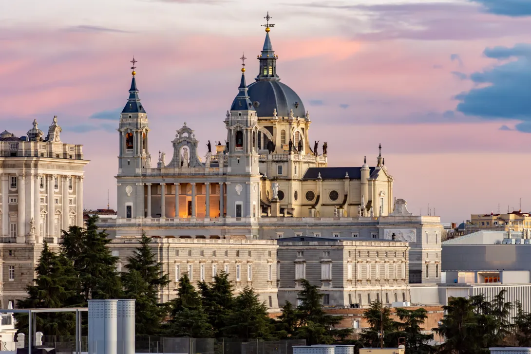 La Almudena cathedral on Armeria square at sunset, Madrid, Spain
