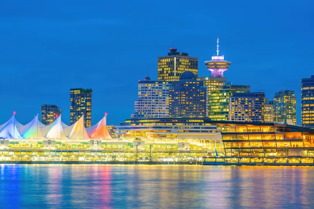 Downtown Vancouver skyline, cityscape of British Columbia in Canada at sunset