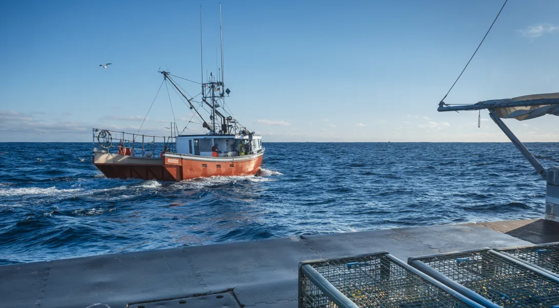 Red Fishing Boat with Lobster Traps