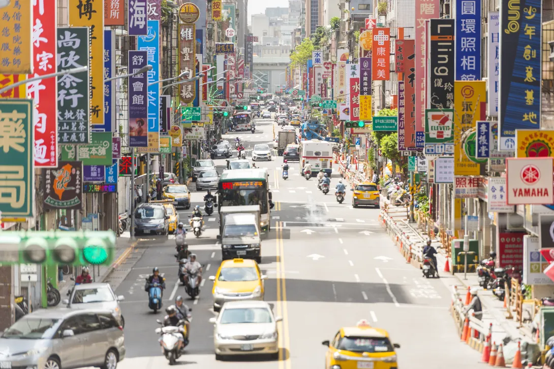 Horizontal high angle color image of the famous Yanping North road in downtown Taipei Taiwan