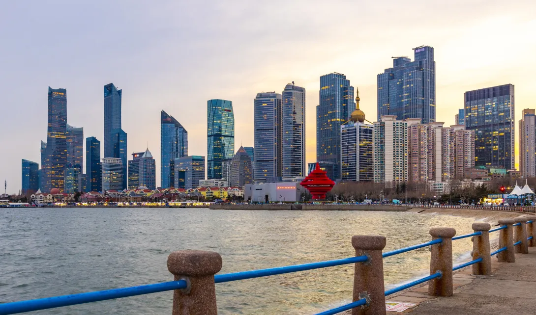Qingdao City China May Fourth square skyline dusk